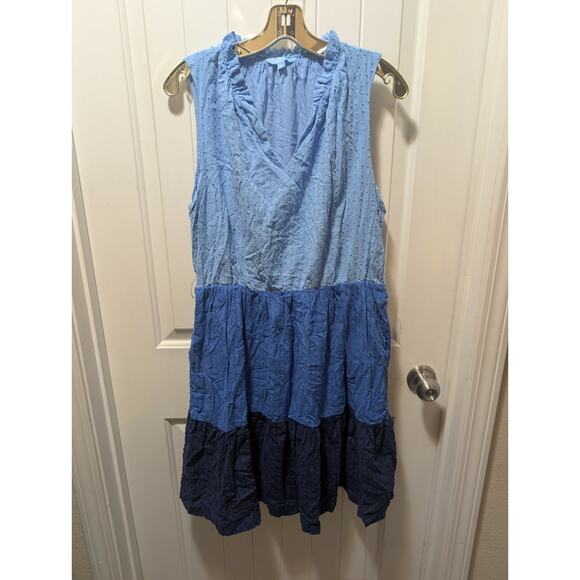 Women's L Draper James Ruffle Neck Tiered Blue Sleeveless Dress Casual Summer - Picture 2 of 13